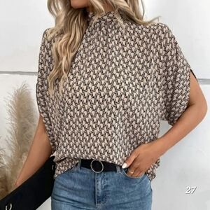 Full Printed High Neck Blouse, Casual Tie Back, Batwing Sleeve Blouse.